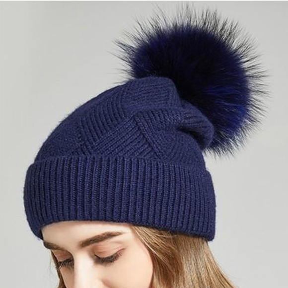 Accessories - NEW Anika Wool Cross Knit Hat Fur Pom Tibetan Blue